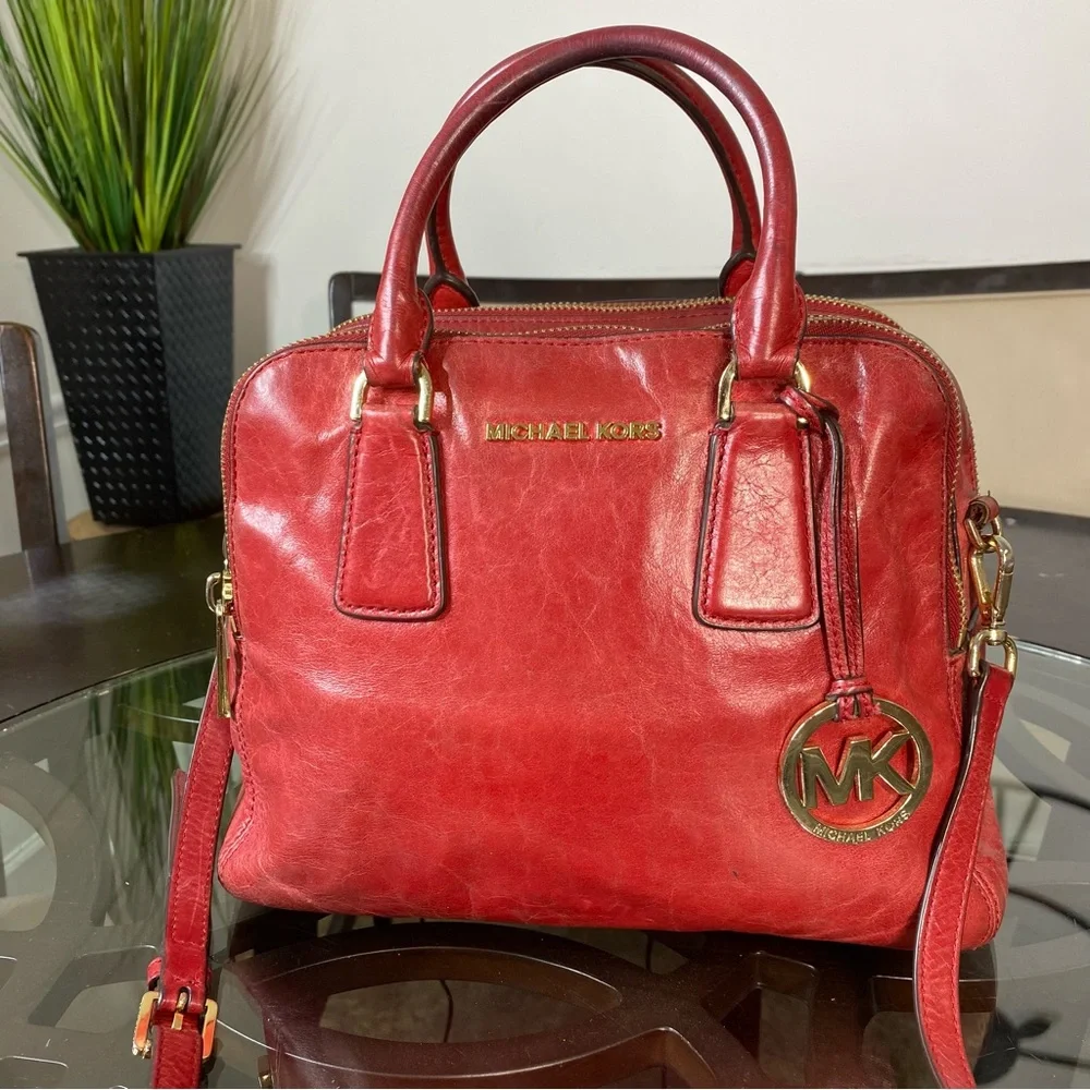 Michael Kors Alexis Medium Leather Satchel Caramel Red